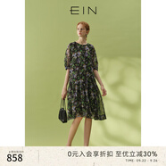 EIN紫鶯尾花 EIN言沁透 輕盈雪紡愜意碎花泡泡袖A字連衣裙夏季新款 石墨黑 M