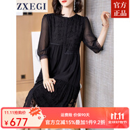 ZXEGI杭州真絲時尚女士高端連衣裙女氣質(zhì)刺繡年輕款桑蠶絲裙子女中長款 黑色 2XL