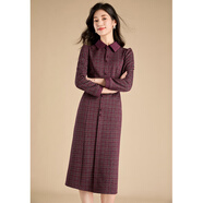 可蓓兒千鳥(niǎo)格時(shí)尚翻領(lǐng)連衣裙女裝秋季單排扣設計感氣質(zhì)開(kāi)衫中長(cháng)裙子 M