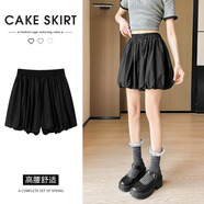 花苞裙女短褲裙褲海邊旅游三亞度假裙沙灘裙半截裙百褶裙子蓬蓬裙 黑色 XL 適合125-140斤