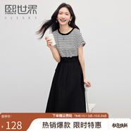 熙世界（sllsky）休閑條紋短袖拼接連衣裙女裝假兩件收腰顯瘦裙子2025秋裝新款 摩登黑 M