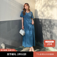moussy&sly新款通勤風開叉喇叭袖V領長款連衣裙030GSL33-1320 藍色110 S