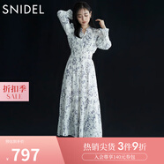 SNIDEL秋冬甜美碎花系帶收腰百褶雪紡連衣裙SWFO245033 淺藍(lán)色 M （1）
