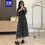羅蒙（ROMON）韓版中長款連衣裙女2024春秋季新款高腰寬松休閑長袖碎花雪紡裙子 黑底碎花 M （100-110斤）