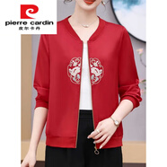 皮爾卡丹（pierre cardin）女士秋薄款刺繡短外套時(shí)尚洋氣緞面夾克衫國(guó)風(fēng)休閑百搭長(zhǎng)袖上衣 紅色 2402 XL 建議85-105斤