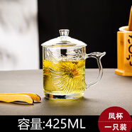 VTyee加厚耐熱玻璃茶杯帶蓋茶飲杯蓋杯帶把杯子辦公家用喝水杯泡茶杯 帶蓋把杯鳳杯425ML