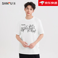 三福（SANFU）2025夏季男士貓咪印花短袖T恤休閑寬松圓領(lǐng)上衣男 精白 L