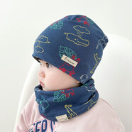 萌夫（MENGFU）新款純棉兒童雙層帽子圍脖兩件套寶寶套頭帽秋冬季防風(fēng)保暖護耳帽 線(xiàn)條動(dòng)物雀藍 L【頭圍50-56cm/3-6歲】