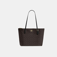 蔻馳（COACH）女包ZIP TOP TOTE托特包單肩包棕黑色【品牌授權(quán)】送女友禮物