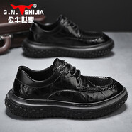 公牛世家 G.N.SHIJIA公牛家庭男鞋厚底增高豆帽鞋商務(wù)休閑皮鞋男真皮便鞋黑色 系帶 (皮鞋碼)44
