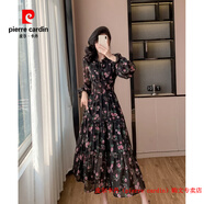 皮爾卡丹（pierre cardin）韓國chic荷葉邊碎花連衣裙女士2025新款度假風(fēng)甜美木耳邊收腰長裙 黑色長裙 S