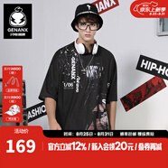 閃電潮牌（GENANX）五分袖男夏裝拼接趣味插畫(huà)印花新款短袖t恤男 黑色 S
