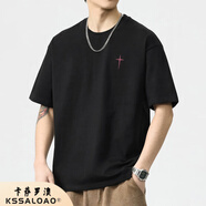 卡薩羅澳高端品牌美式高街短袖t恤男士夏季新款圓領(lǐng)體恤薄款寬松痞帥上衣 黑色 M 推薦【90-110斤】