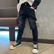 男童牛仔小腳修身瘦版褲子鉛筆褲寶寶2025春秋潮流小中大兒童長褲 黑色_單褲 110