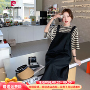 皮爾卡丹胖mmt恤背帶裙兩件套洋氣連衣裙女大碼顯瘦休閑減齡套裝裙夏歐美 黑色(兩件套) XL 建議150-165斤