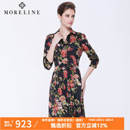 沐蘭MORELINE修身印花連衣裙長(cháng)袖中長(cháng)款熟女及膝名媛熟女連衣裙5621103 圖片色 M 38
