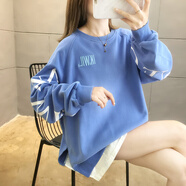 簡丹柔山東即墨衛(wèi)中長款假兩件衛(wèi)衣女長袖t恤春秋韓版上衣潮T胖mm寬松加 2550藍色 M 80-100斤