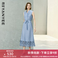顏域新中式立領(lǐng)天絲連衣裙女2025夏季新款收腰蕾絲拼接背心長裙子 藍(lán)色 L