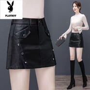 花花公子（PLAYBOY）皮褲裙女2025秋冬新款高腰顯瘦百搭寬松短裙大碼皮短褲a字裙褲子 黑色 C區(qū)8930 S 95斤以下