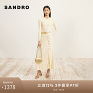 SANDRO2024春秋款女裝法式不對(duì)稱收腰長(zhǎng)袖針織連衣裙SFPRO03430 米黃色 L