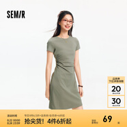 森馬（Semir）連衣裙女收腰T恤裙小心機夏季2025新款繡花圓領(lǐng)短裙簡(jiǎn)約休閑 橄欖綠A41805 S