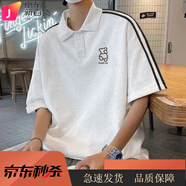 BEYZK日系港風polo衫短袖t恤男士夏季寬松休閑翻領小眾體恤上衣 H12白灰色-跳步熊小圖 H12白灰色 M 建議80-100斤