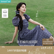 茵曼章若楠同款|法式格紋連衣裙夏季女裝百搭泡泡袖a字裙子 藏青藍  M