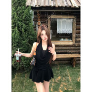 VJZE海邊沙灘裙度假連衣裙高級感拍照穿的裙子新款黑色吊帶掛脖子女夏 黑色配花朵 L