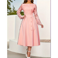 歐美秋款連衣裙長(cháng)袖蕾絲裙高腰禮服裙中長(cháng)款晚會(huì )女裙 粉紅色 S