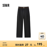 Semir[商場同款]森馬休閑褲女卷邊七分褲顯瘦秋2024新款純棉闊腿褲百搭 黑色90001 170/74A/XL