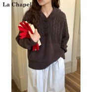 拉夏貝爾（La Chapelle）米杏復古連帽麻花套頭毛衣女秋冬新款寬松口袋休閑針織衫百搭加厚 深咖色 S