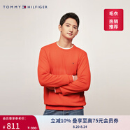 TOMMY HILFIGER【柔軟純棉】25秋冬男撞色條紋學(xué)院風(fēng)針織衫/情侶款純色毛衣 【簡(jiǎn)約合身毛衣】紅橙色792 S  （推薦：120-135斤）