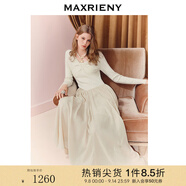MAXRIENY松弛感穿搭x型收腰扭結(jié)連衣裙25秋款羊毛混紡長袖長裙 米白 M