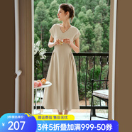 Olrain歐芮兒深灰色連衣裙女裝夏季新款時(shí)尚收腰顯瘦傘擺裙子 裸杏色 M