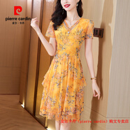 皮爾卡丹（pierre cardin）小個子碎花雪紡連衣裙女夏季2025新款媽媽裝氣質(zhì)收腰顯瘦洋氣裙子 黃色 XL 建議90-105斤