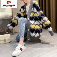 皮爾卡丹（pierre cardin）歐洲站慵懶中長款毛衣外套女秋冬洋氣V領(lǐng)愛心針織羊毛開衫潮 灰色愛心 XL 建議120-130斤
