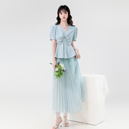 卡伊莎2025夏季新款優(yōu)雅淑女V領(lǐng)設(shè)計(jì)感顯瘦上衣+長(zhǎng)款百褶網(wǎng)紗半身裙 藍(lán)色上衣 S