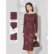 米思陽(yáng)（missshine）2025春季新款氣質(zhì)優(yōu)雅一字肩連衣裙舒適有彈超顯瘦裙子4985 紅咖色現貨直發(fā) S
