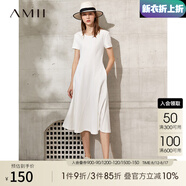 AMII法式復古a字連衣裙女年夏季新款赫本風顯瘦圓領修身裙子 米白 （建議拍大一碼） 2XL 175/96A