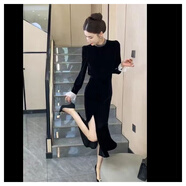 皮爾卡丹（pierre cardin）高級感黑色絲絨魚(yú)尾開(kāi)叉連衣裙女秋冬新款氣質(zhì)名媛蕾絲拼接長(cháng)裙子 黑色 M