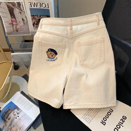 HUALIN FASHION小熊刺繡高腰牛仔短褲女2025韓版百搭直筒褲 米白色(高品質(zhì)) M ( 建議70-90斤)-7天內(nèi)發(fā)貨