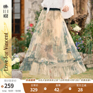 兩三事梵高文藝 花影入墨 2025春季新款甜美印花透視網(wǎng)紗半身裙 花色 L