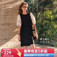Olrain歐芮兒夏季女裝直筒名媛風(fēng)撞色蕾絲拼接連衣裙 黑白色 S