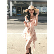 東京歲時(shí)記jk原創(chuàng)甜辣感粉色收腰洋裝女甜美可愛法式碎花吊帶裙 【微醺玫瑰】粉色印花洋裝+帽子 S