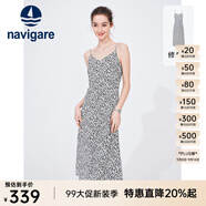 Navigare意大利小帆船無袖連衣裙女士夏季修身時尚碎花裙薄款吊帶裙 科技白/黑 L 碼