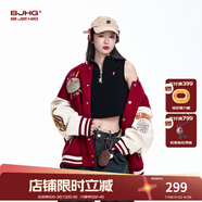 BJHG不計后果紅色棒球服男款秋季2025新款潮牌呢子外套美式夾克上衣女 朱纓紅 2XL