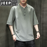 JEEP SPIRIT冰絲t恤男士亞麻短袖夏季薄款中國風(fēng)寬松棉麻半袖體恤上衣服男裝 綠色 M