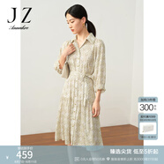 玖姿·安娜蔻洋氣通勤花淺黃銀杏印花X型雪紡連衣裙女秋款 花淺黃 M