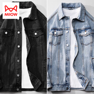 貓人（MiiOW）牛仔外套男寬松春秋季美式復(fù)古潮牌夾克男加絨上衣服百搭韓版冬款 黑色+淺藍(lán) 3XL