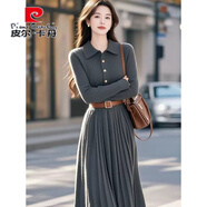 皮爾卡丹（pierre cardin）韓版時(shí)尚洋氣減齡翻領(lǐng)針織連衣裙小眾別致收腰顯瘦小香風(fēng)中長(cháng)裙女 灰色 S (80-90斤)